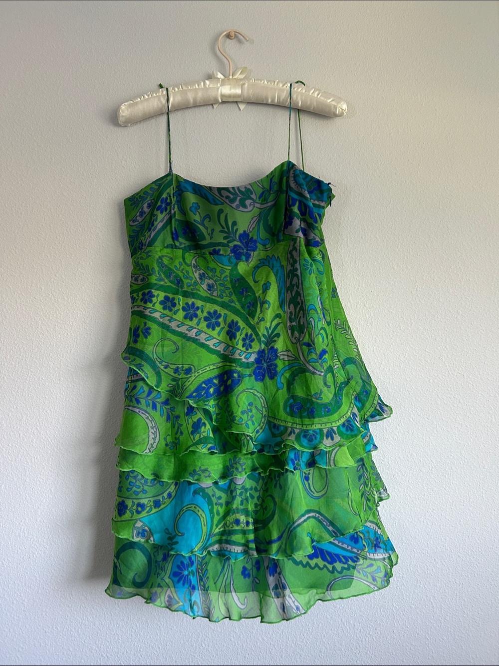 Stunning Zara Green and Blue Paisley Mini Summer Dress - Outershell 100% Silk